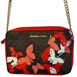 Michael Kors Red Jacquard Brown Butterfly Crossbody Bag Purse Gold Chain  zips